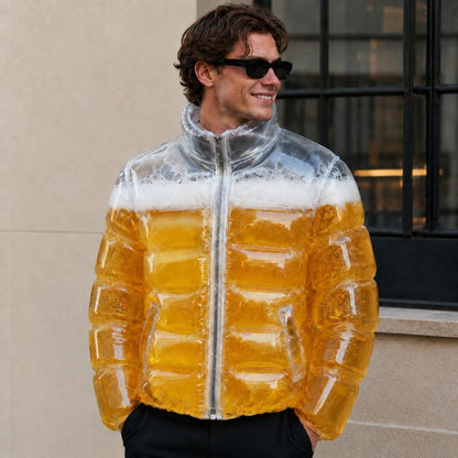 Inflatable transparent beer jacket with amber foam sections and front zipper