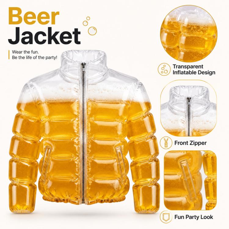 Inflatable beer jacket with clear top and amber bottle-like chest sections