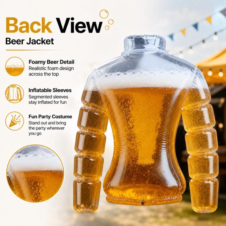 Inflatable transparent beer jacket with amber back panels and ribbed inflatable sleeves