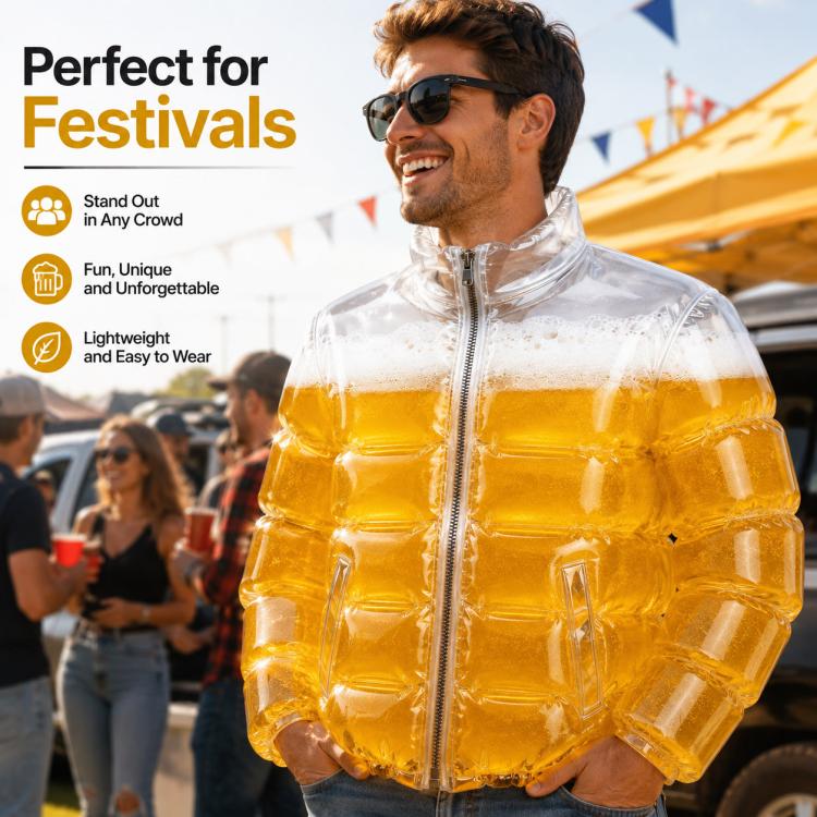 Inflatable amber beer jacket with clear design and front zipper