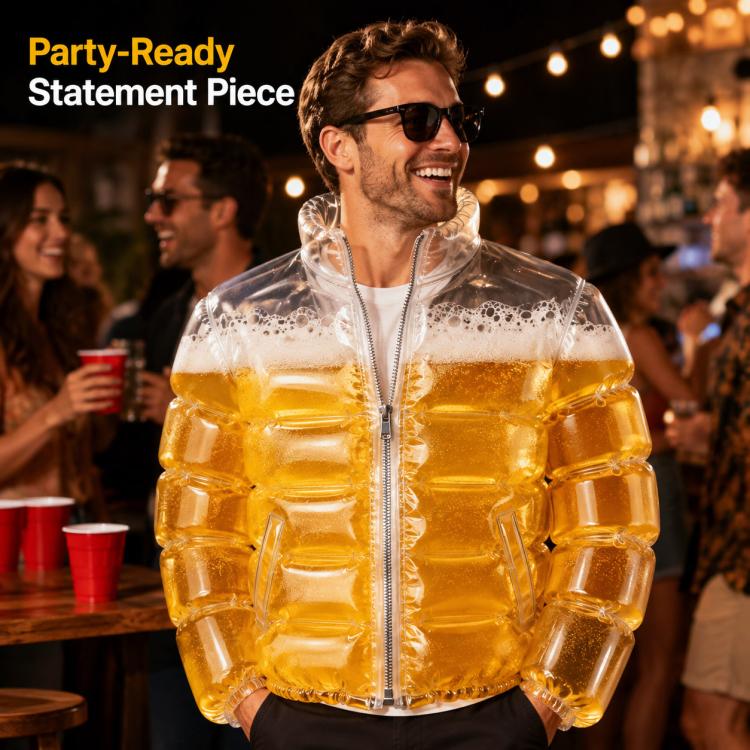 Inflatable transparent beer jacket with amber foam-filled front and front zipper