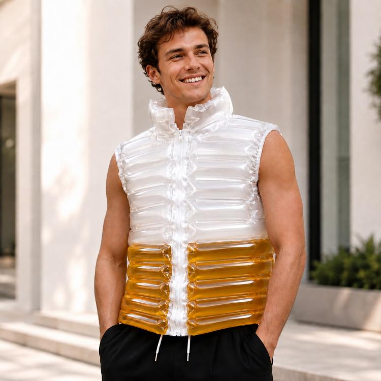 Inflatable transparent beer vest with amber lower sections and front zipper