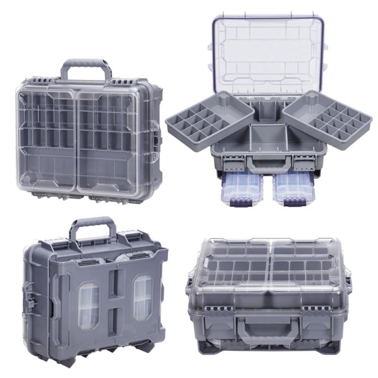 Grey waterproof dual-layer fishing lure tackle box with hinged handle and multiple compartments