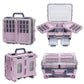 Pink waterproof dual-layer fishing lure tackle box with open grid trays and side compartments