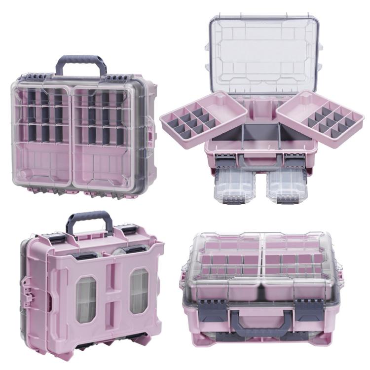 Pink waterproof dual-layer fishing lure tackle box with open grid trays and side compartments