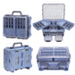 Blue waterproof dual-layer fishing lure tackle box with hinged handle and multiple storage grids