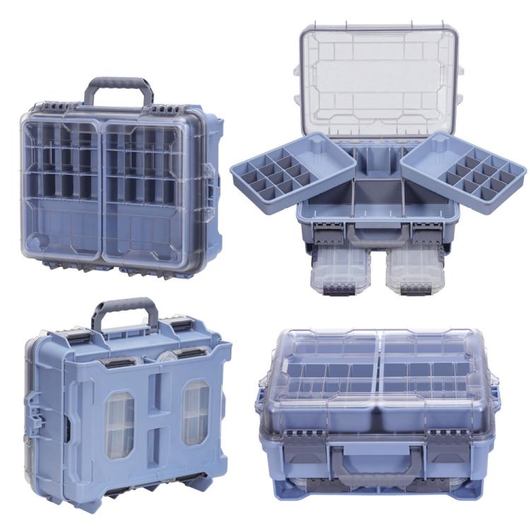 Blue waterproof dual-layer fishing lure tackle box with hinged handle and multiple storage grids