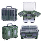 Green waterproof dual-layer fishing lure tackle box with open top trays and two clear base bins