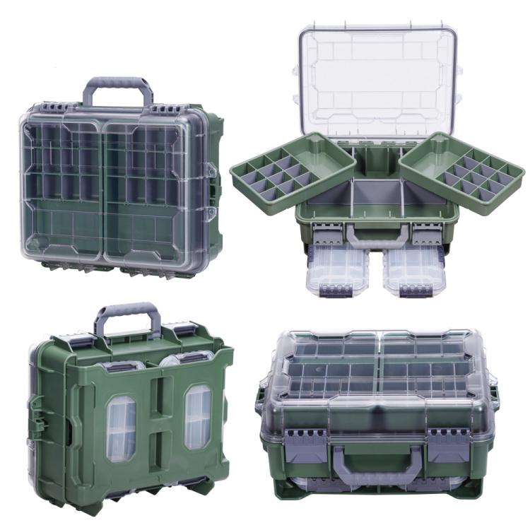 Green waterproof dual-layer fishing lure tackle box with open top trays and two clear base bins