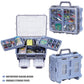 Blue fishing tackle box open with divided trays and organizer compartments for lures