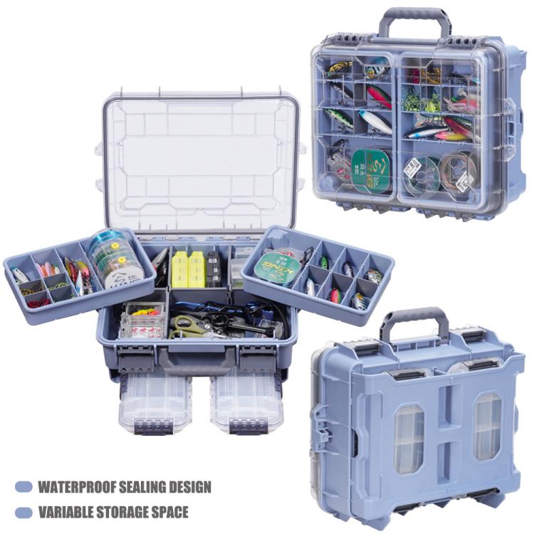 Blue fishing tackle box open with divided trays and organizer compartments for lures
