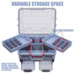 Blue dual-layer tackle box open, showing adjustable mobile partitions and grid side trays