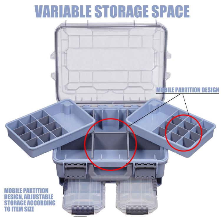 Blue dual-layer tackle box open, showing adjustable mobile partitions and grid side trays