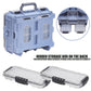 Blue tackle box with hinged top, hidden rear storage, and two clear snap-on bins