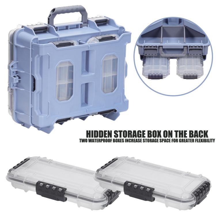Blue tackle box with hinged top, hidden rear storage, and two clear snap-on bins