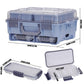 Light blue waterproof tackle box with clear lid and front latch compartments