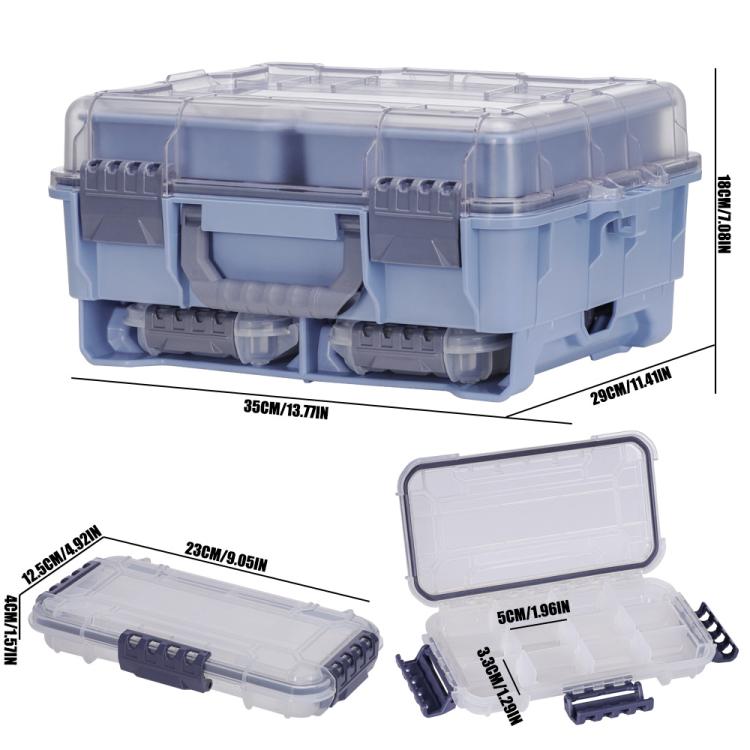 Light blue waterproof tackle box with clear lid and front latch compartments