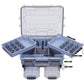 Light blue dual-layer lure tackle box open with grid trays and adjustable center divider