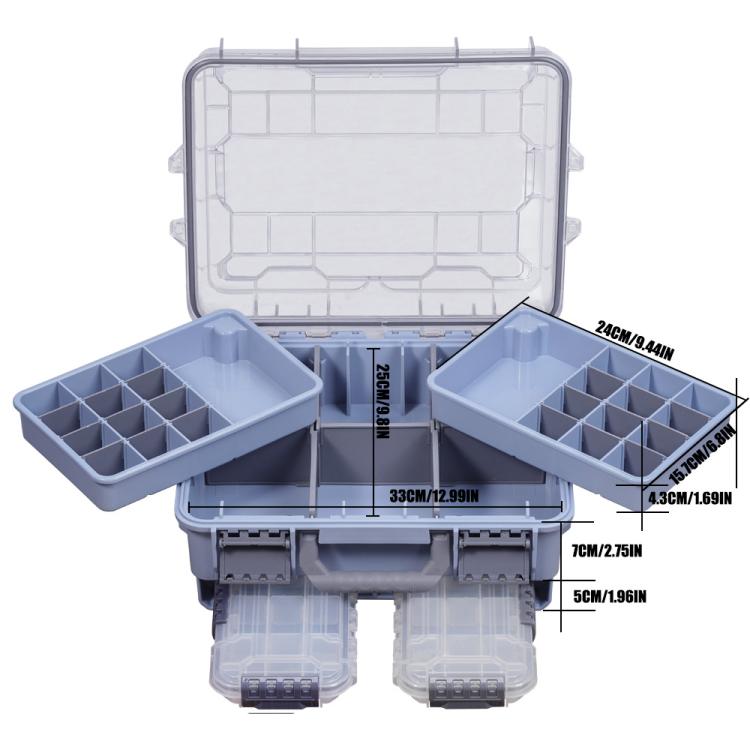 Light blue dual-layer lure tackle box open with grid trays and adjustable center divider