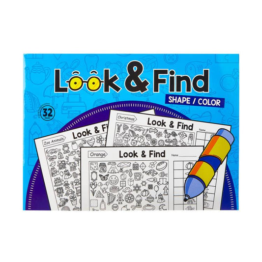 Kids Look & Find activity book cover with “Shape & Color” and penciled puzzle pages