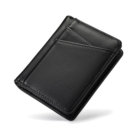 Black oil-waxed leather short wallet with stitched card slot and foldover design.