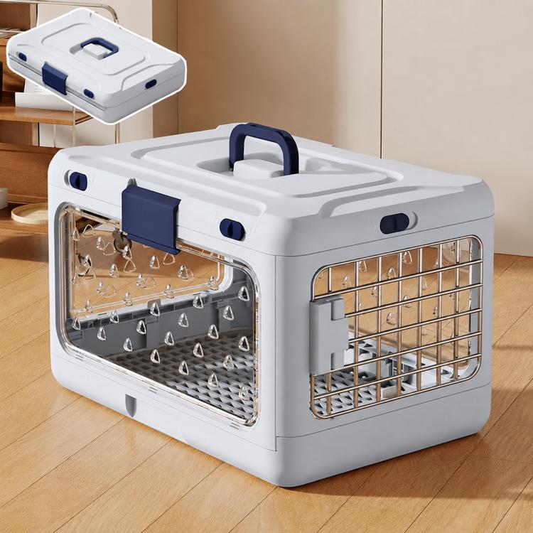 Foldable gray pet carrier with clear front panel and metal ventilation side grate