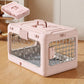 Pink foldable pet carrier with clear front panel and metal ventilation side grate