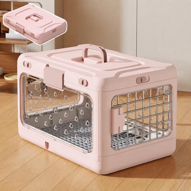 Pink foldable pet carrier with clear front panel and metal ventilation side grate