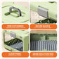 Green pet carrier with non-slip handle, secure buckle, and clear front window