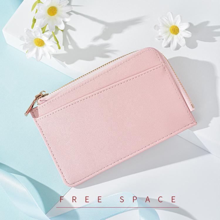 Light pink rectangular zip coin card bag with gold-tone zipper and card slot