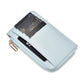 Light blue coin zipper card bag with card slots, black inner pocket, gold zipper pull