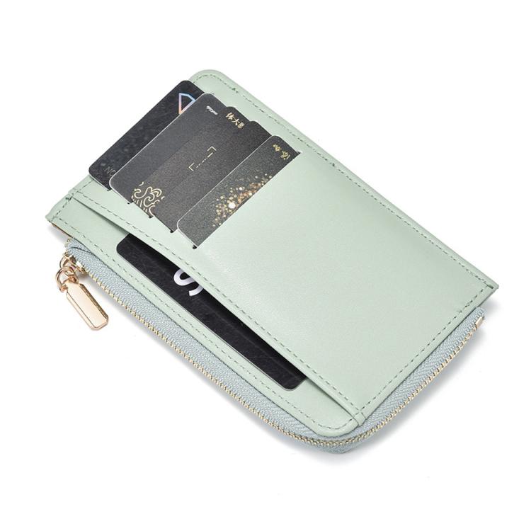 Light green coin zipper card bag with card slots and gold-tone zipper pull