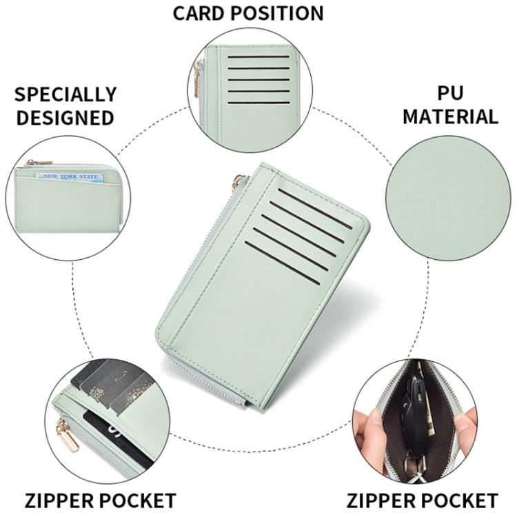 Mint green zip coin card wallet showing card slots and zipper pocket layout