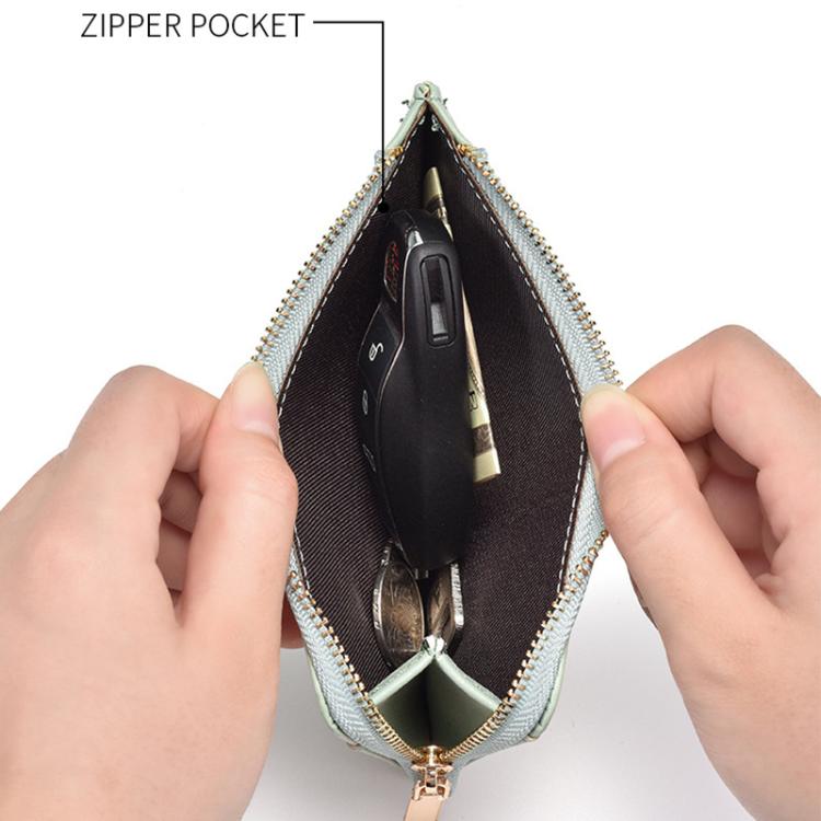 Light green zipper coin card wallet open, showing interior pockets