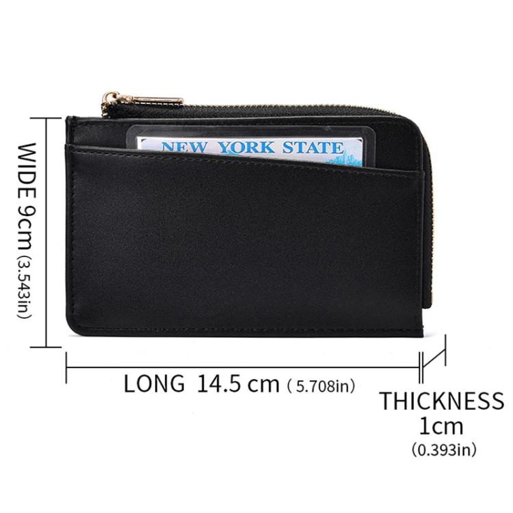 Black coin card wallet with zipper pocket and card slot, slim rectangular shape