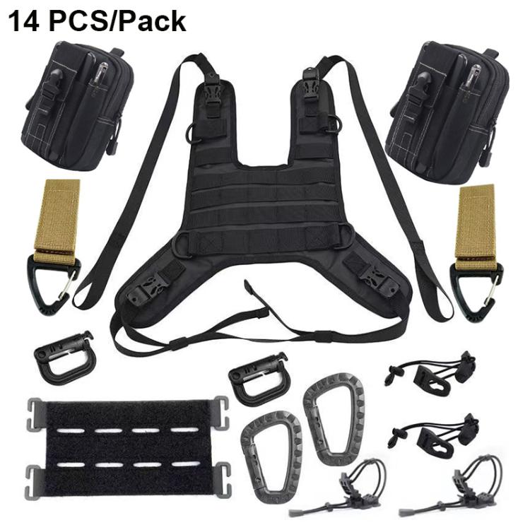 Motorcycle fuel tank vest bag mount kit with black harness and two side pouches