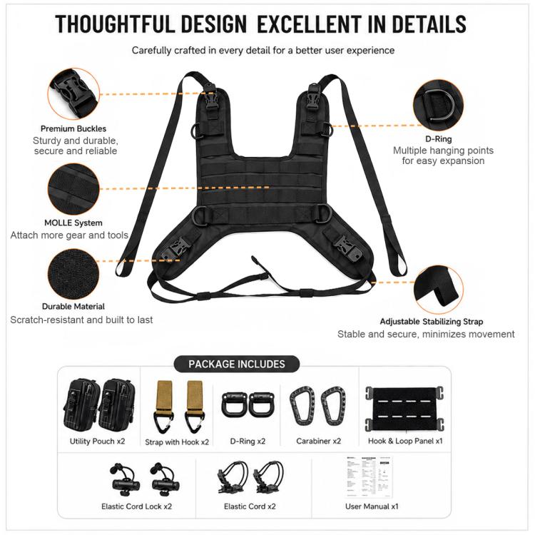 Black motorcycle tank vest bag with straps, D-rings, buckles, and included hardware