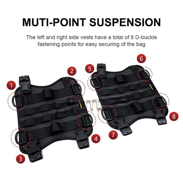 Black tank vest bag with multi-point strap suspension and secure buckle points