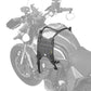 Motorcycle fuel tank vest bag mounted on bike, black fabric pouch with straps