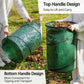 Green foldable leaf bag being carried, with black rim and side handles