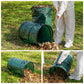 Foldable green leaf garbage bin opened on grass, holding dry leaves