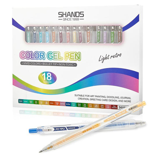 Retractable color gel pen set in clear case with 18 fine-tip pens, retro tones