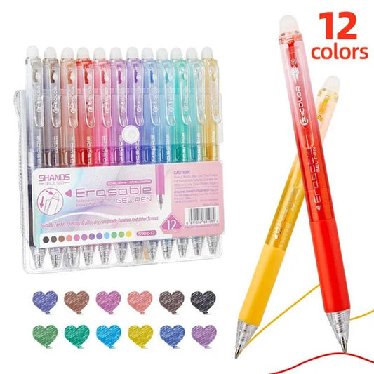 Erasable gel pen set with 12 retractable colors, assorted pen barrels and tips