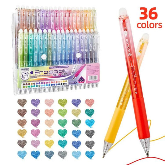 Erasable gel pen set with 36 retractable colors, clear holder and example pen