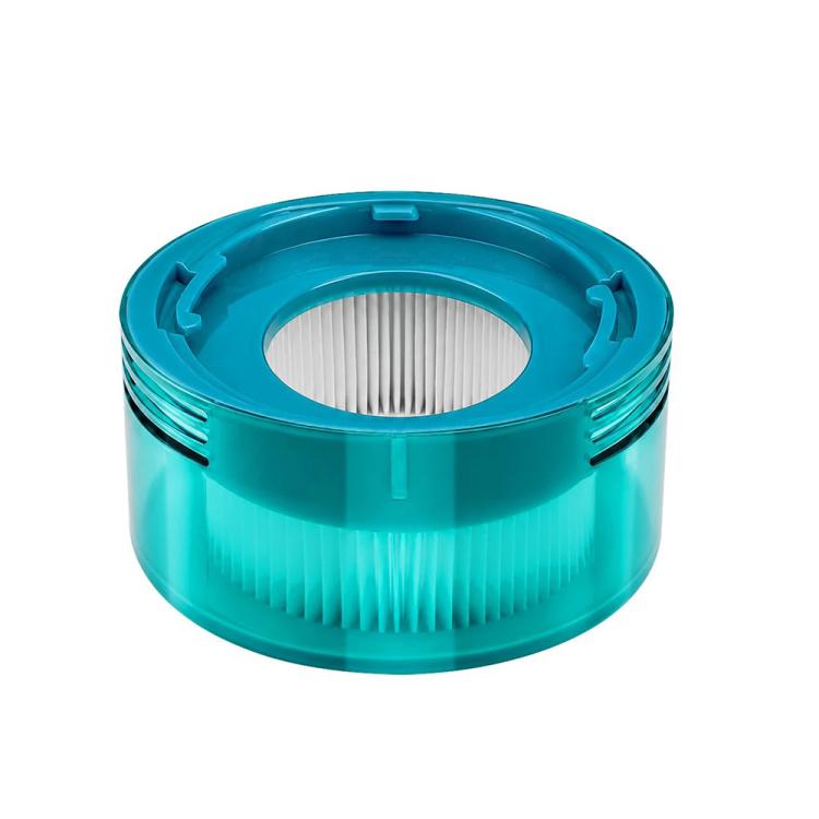 Turquoise circular post-filter with white pleated paper insert and snap tabs