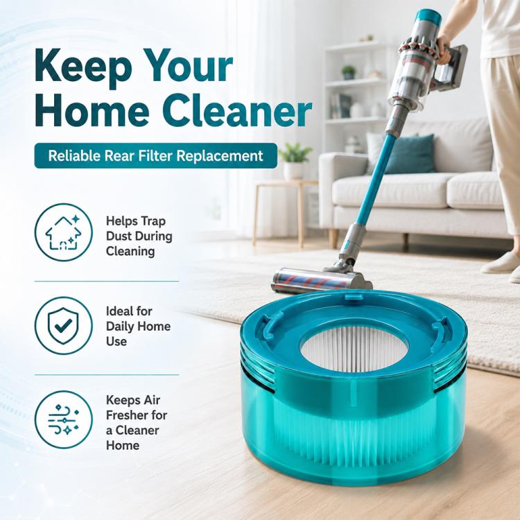 Turquoise post-filter replacement for vacuum, shown with stick vacuum on floor
