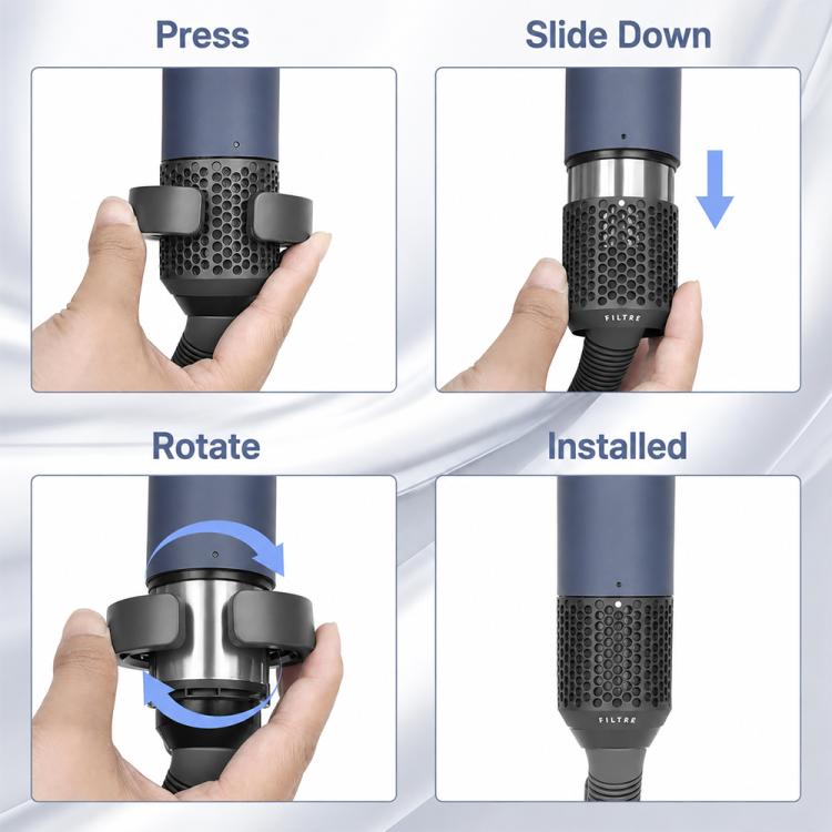 Replacement filter mesh for magnetic hair curler, shown being installed on handle