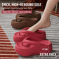 Thick-soled EVA flip-flops in red, worn with chunky elevated platform and thong straps