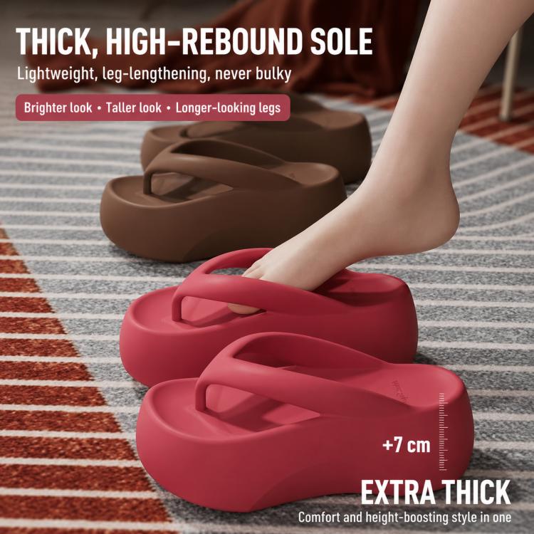 Thick-soled EVA flip-flops in red, worn with chunky elevated platform and thong straps