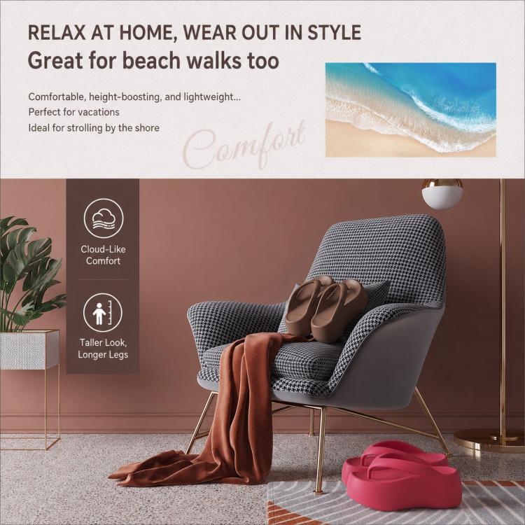Rose red EVA thick-soled flip-flops on the floor, open toe